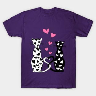 white and black cats with pink hearts T-Shirt